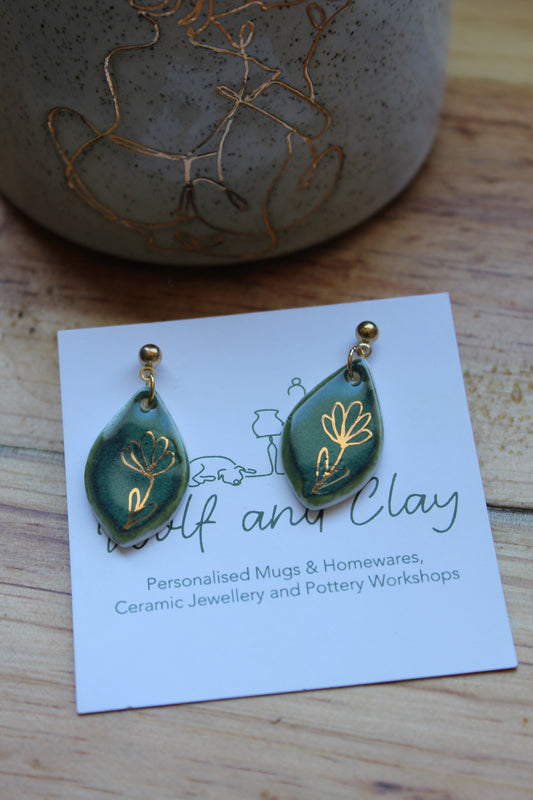 Green and gold flower earrings
