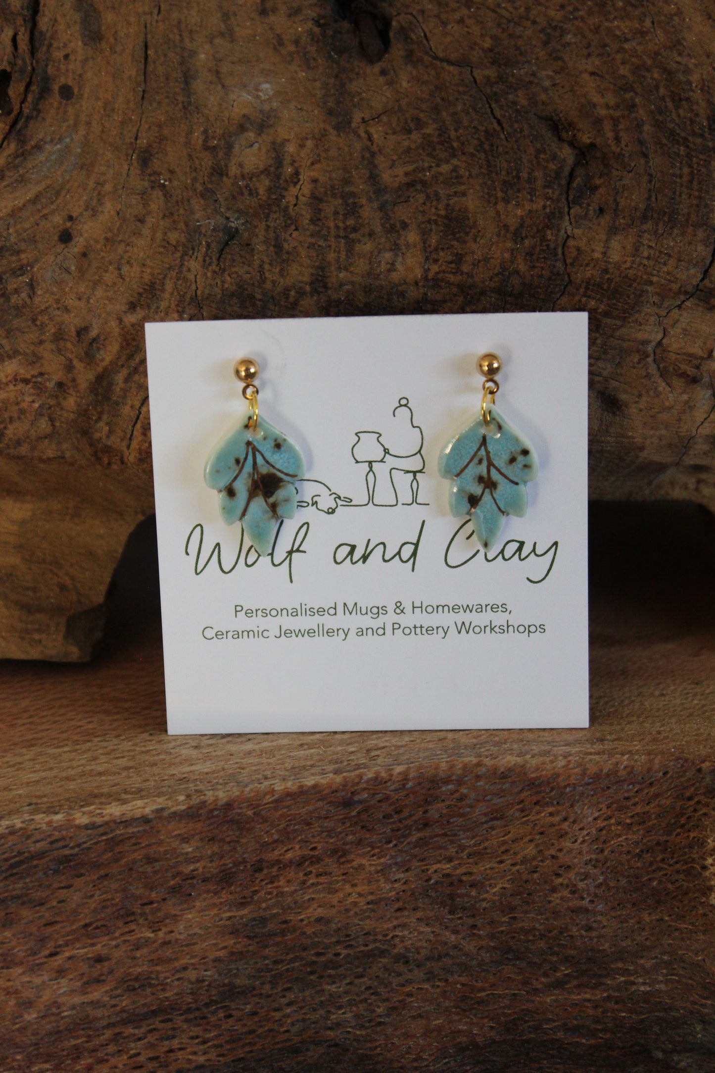 Green speckled leaf earrings